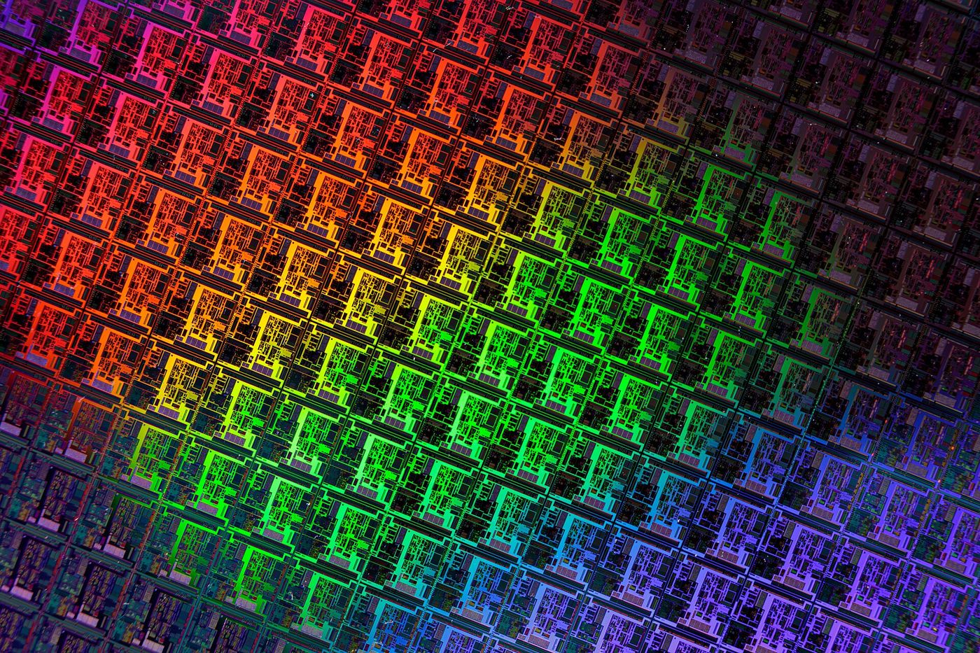 A finished silicon wafer, each square a single chip.