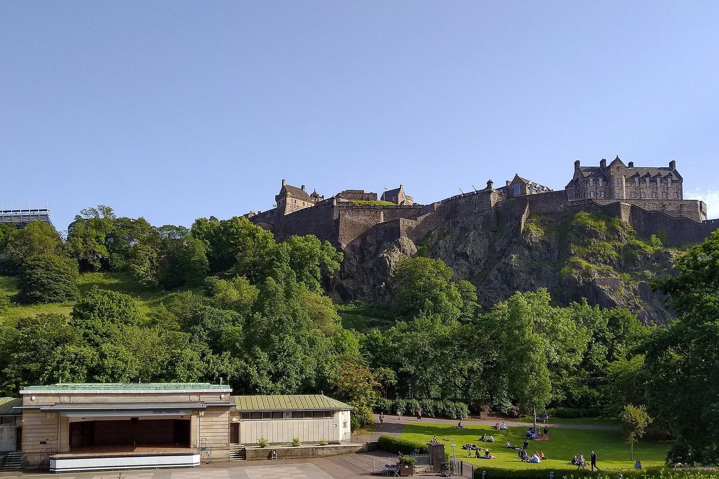 Edinburgh Castle above Princes Street Gardens.