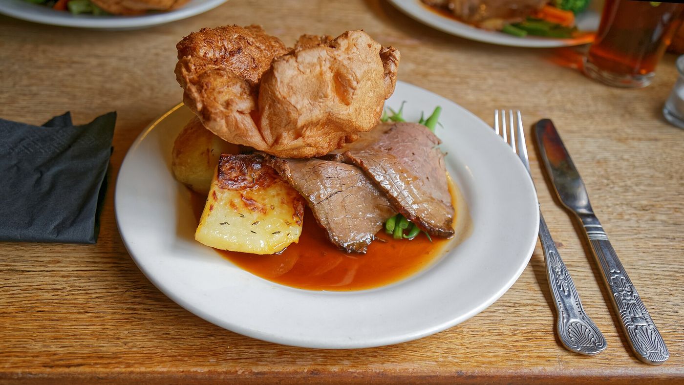 A Sunday roast with Yorkshire puddings.